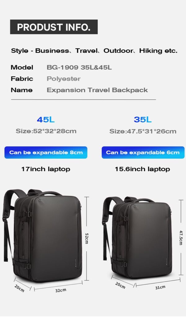 BANGE BG-1909 Premium YKK Zipper Expendable Multi Function 45L Office Laptop 16" Travel Backpack - Image 11