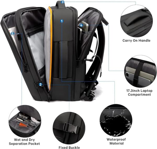 BANGE BG-1909 Premium YKK Zipper Expendable Multi Function 45L Office Laptop 16" Travel Backpack - Image 14