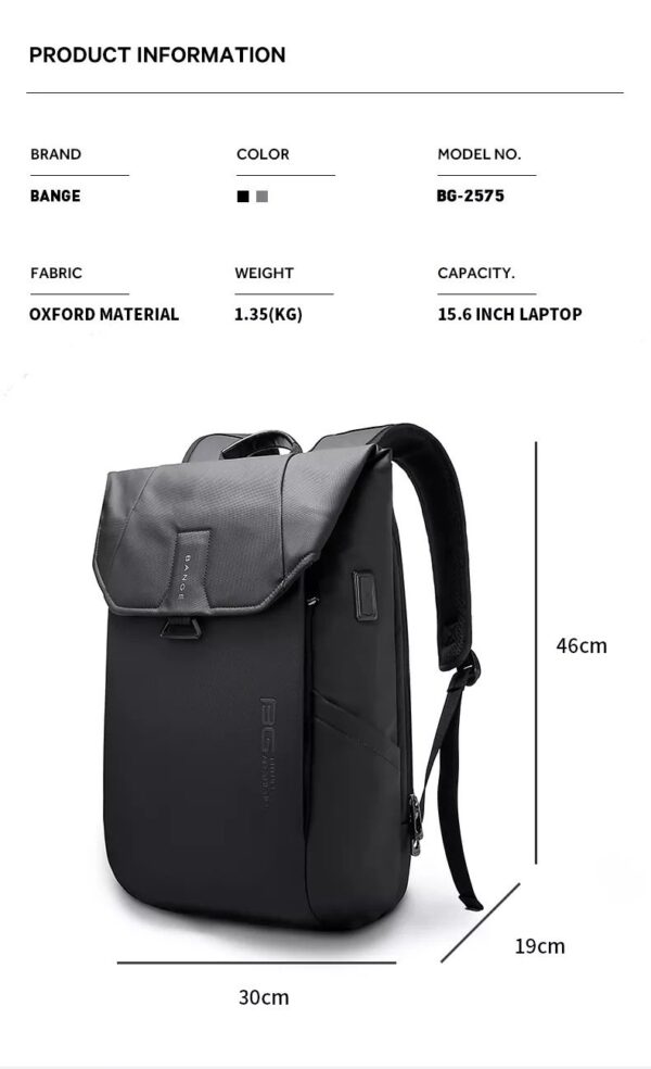 BANGE BG-2575 Waterproof School College University Office Laptop 15.6 Backpack - Image 5