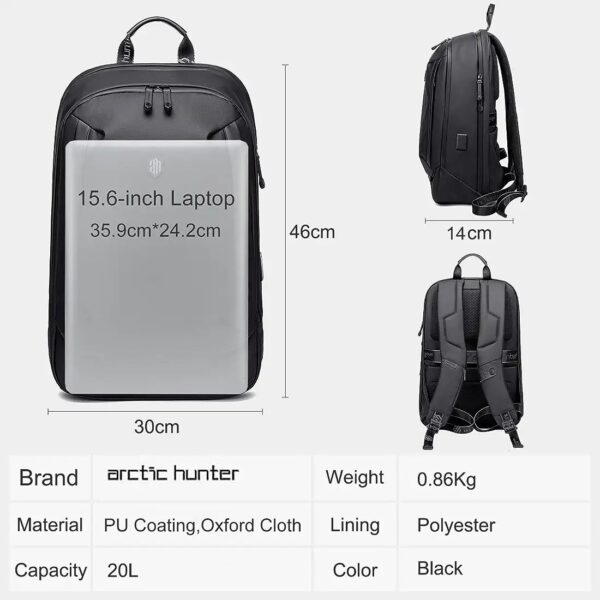 Arctic Hunter B00443 Anti Thief Waterproof Premium Laptop 15.6 Office Backpack - Image 5